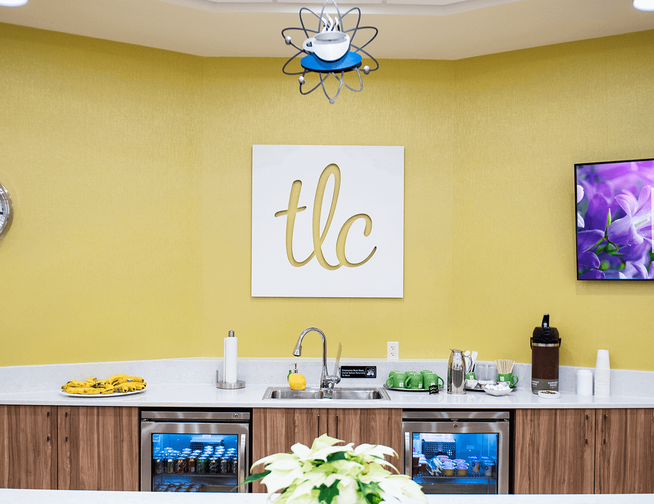 TLC Bistro area showing the counters, sink and mini fridges