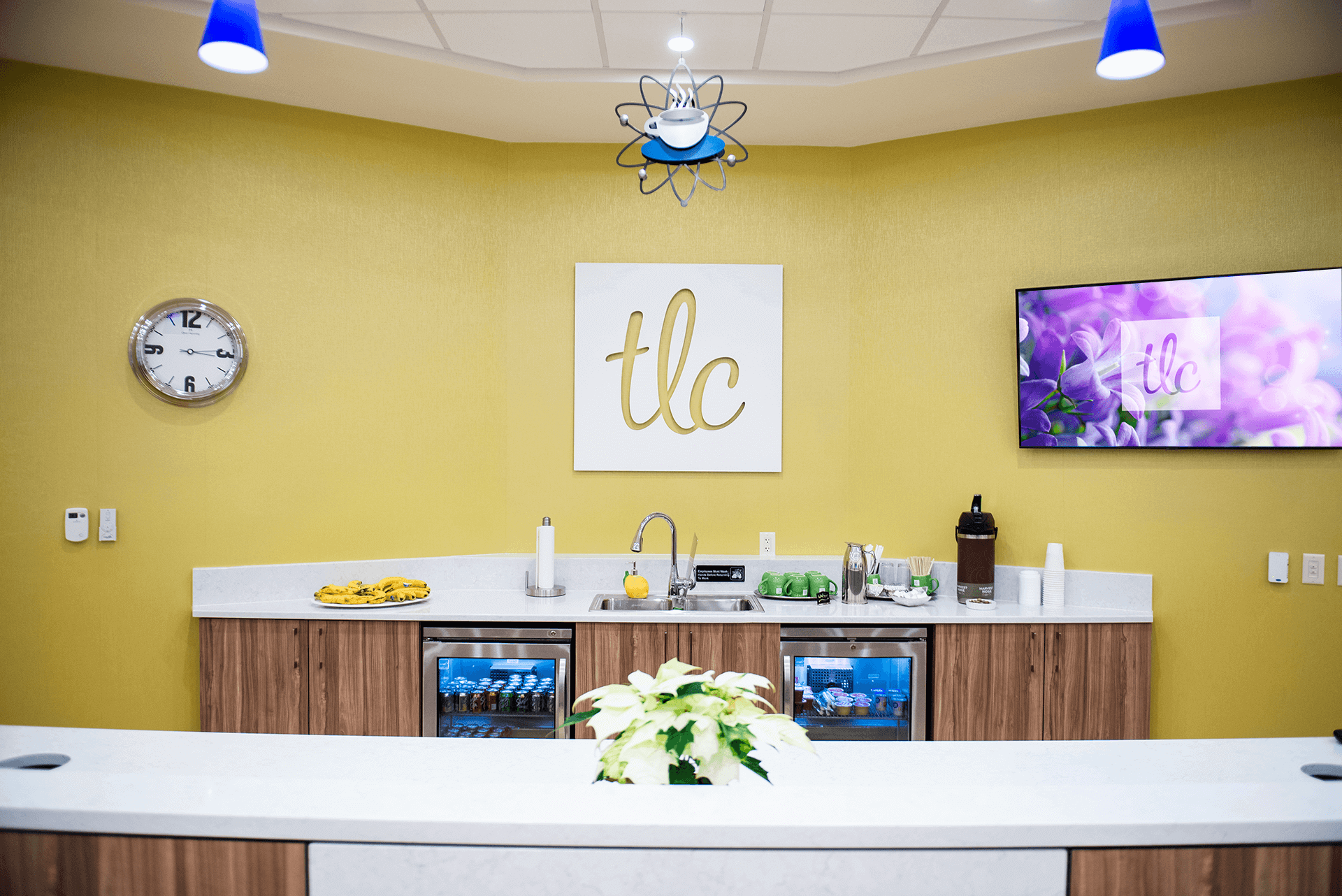 TCL bistro area with counter, sink and two mini fridges.